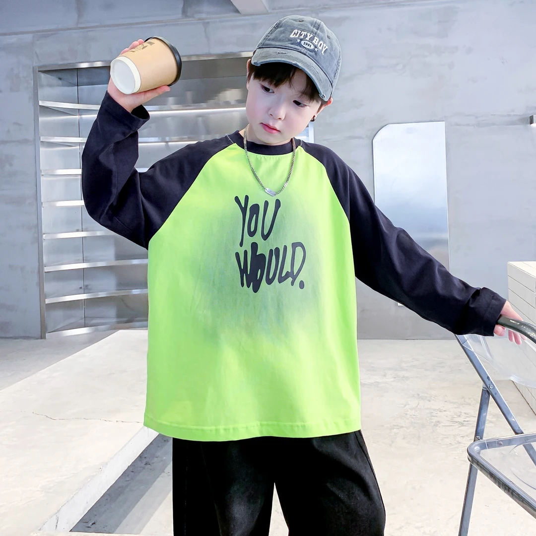 男童春秋多巴胺撞色运动长袖t恤2025新款青少年儿童宽松渐变上衣