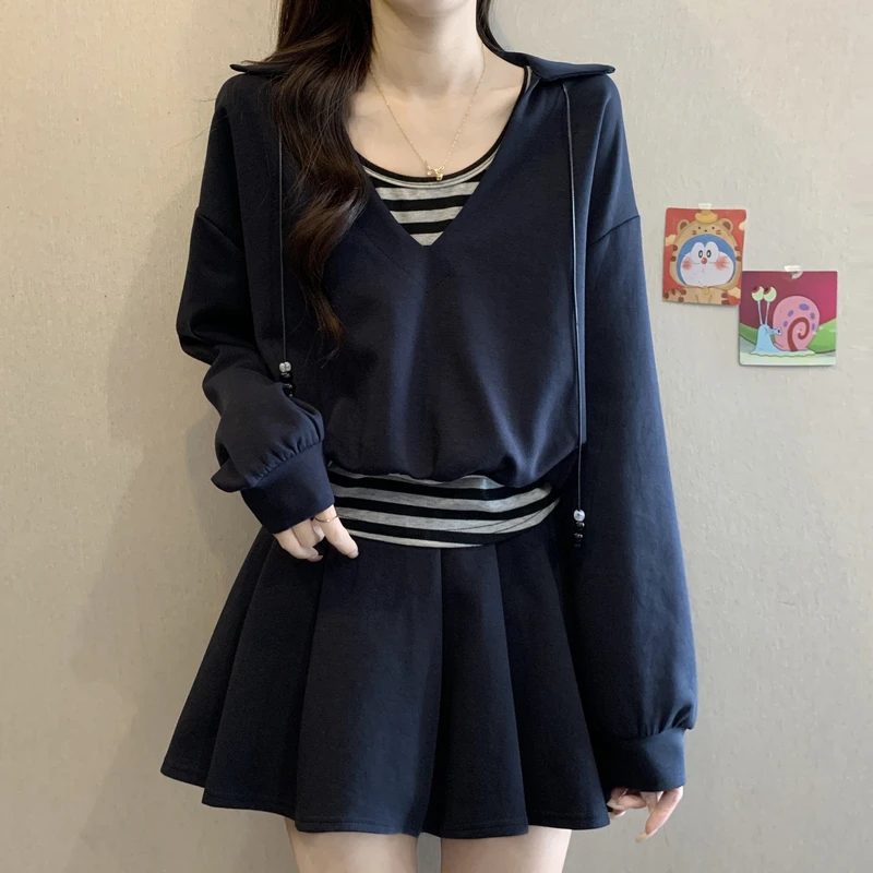 大码女装假两件卫衣+松紧腰气质显瘦休闲A字百褶裙套装女秋季胖MM
