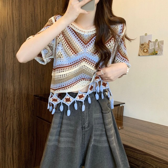波西米亚风刺绣镂空设计感冰丝针织衫女夏民族风流苏钩花短袖上衣