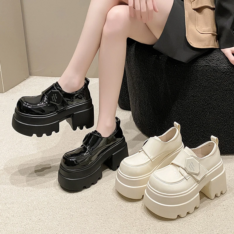 厚底英伦真皮小皮鞋女春秋2025新款百搭10cm增高粗跟魔术贴乐福鞋