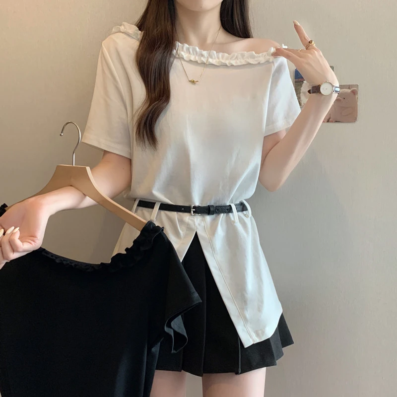 大码女夏装胖mm设计感一字领斜肩木耳边上衣宽松收腰短袖T桖