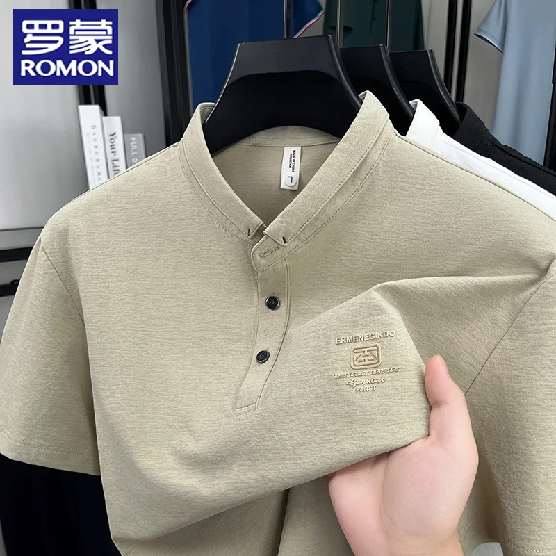 罗蒙T恤男短袖夏季新款中国风半袖纯色宽松薄款透气汗衫中年上衣