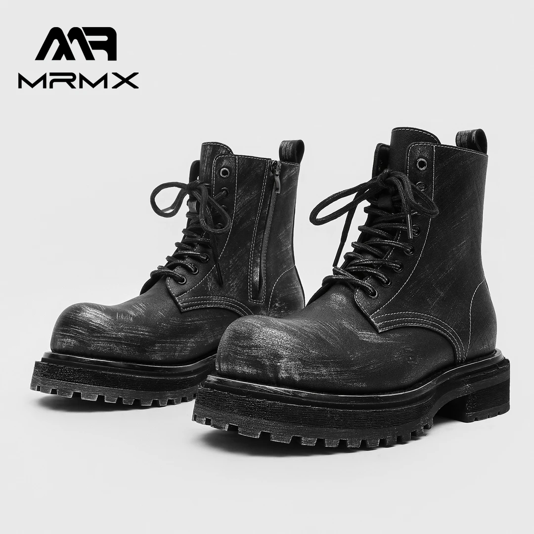 【MRMX】7CM内增高秋冬加绒百搭潮流时尚男士真皮黑色马丁靴9095