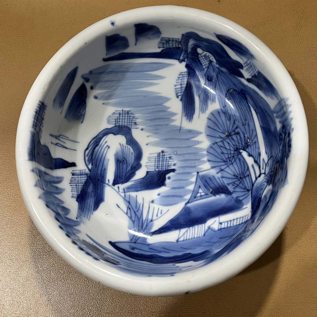 舶来精美老玉璧底山水内外绘深盘（17*7cm)年代痕迹介意勿拍窑裂