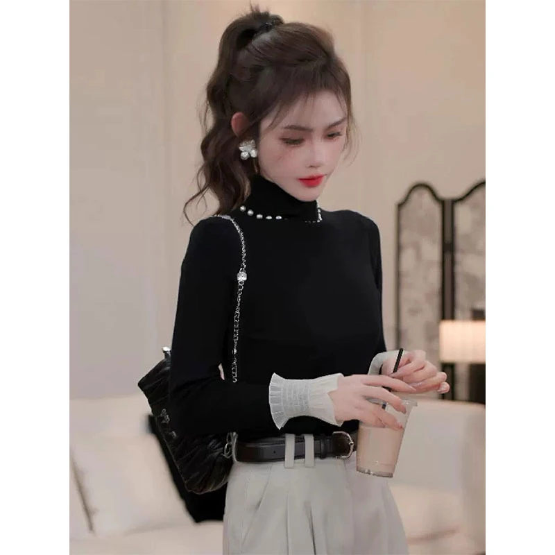 【现货】重工钉珠半高领黑色打底衫女装秋气质修身显瘦长袖t恤上衣