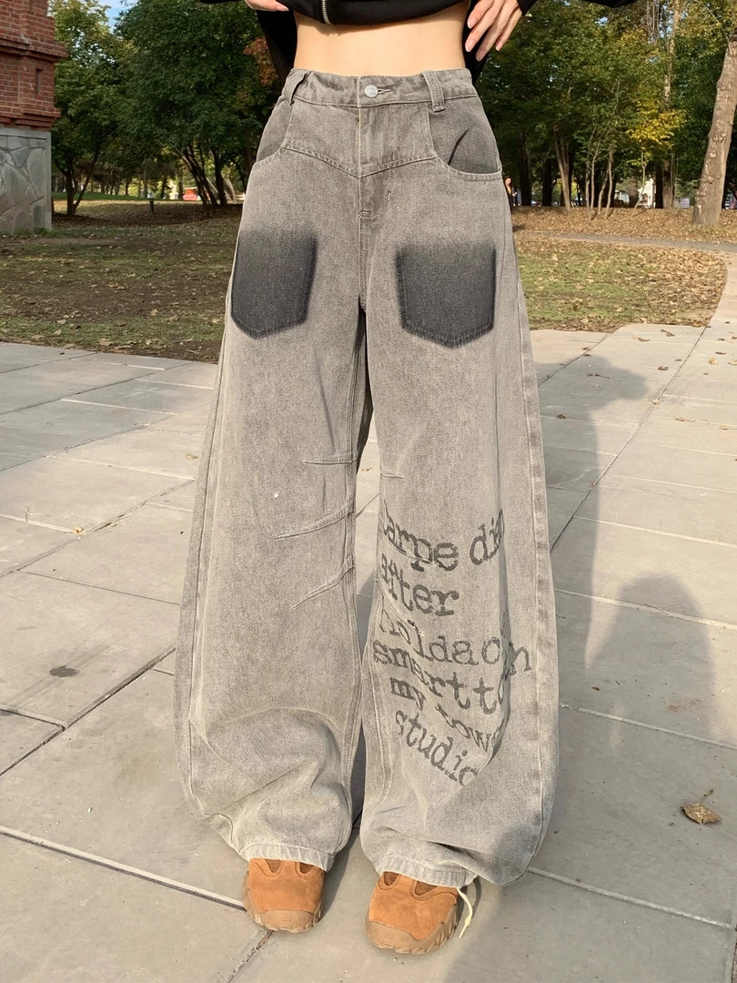 美式街头风字母印花廓形弯刀牛仔裤男女秋冬新款宽松直筒休闲长裤