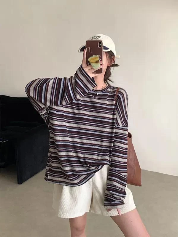 早秋新款复古条纹长袖打底衫T恤5540