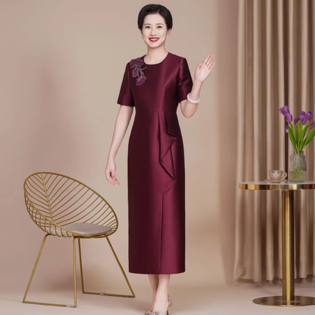 8065-酒红色手工旗袍高端礼服高贵宴会喜妈妈喜婆婆婚礼宴会旗袍