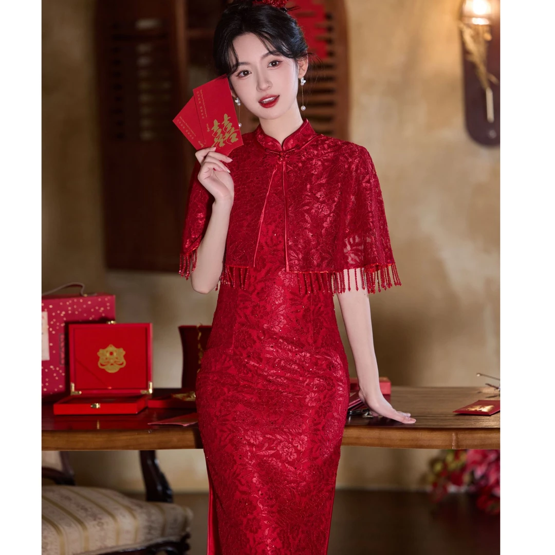 064—680红色中国风流苏披肩可拆开旗袍