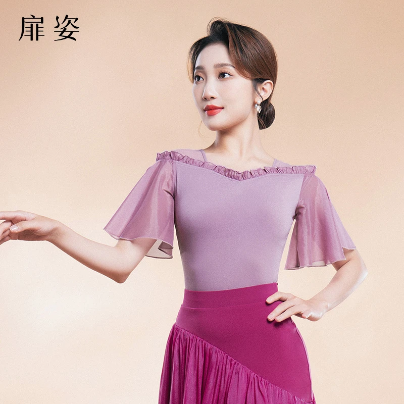 扉姿 摩登舞上衣女夏季新款华尔兹吉特巴短袖舞衣跳舞连体衣F1073