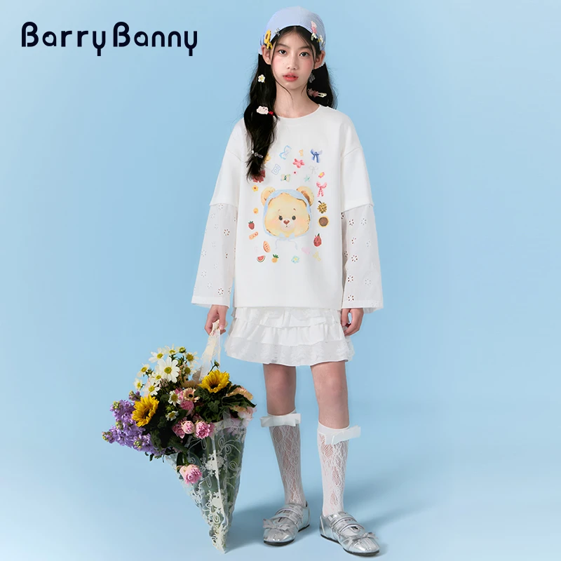 Barry Banny女童T恤2025年新款小熊缤纷涂鸦儿童圆领宽松长袖镂空