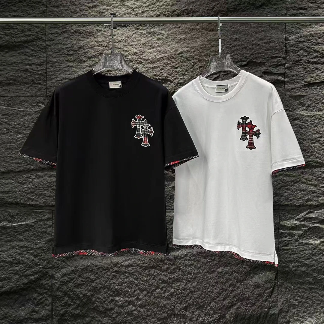 CB-A18255-/夏季新款袖口拼接贴布十字架假两件设计男女同款短袖
