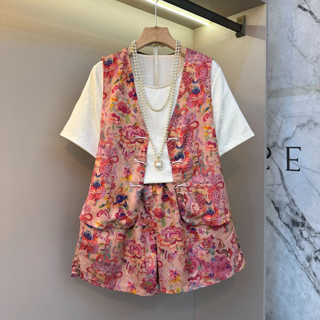 2025新款新中式国风复古印花三粒盘扣东方之韵胖mm显瘦三件套2593