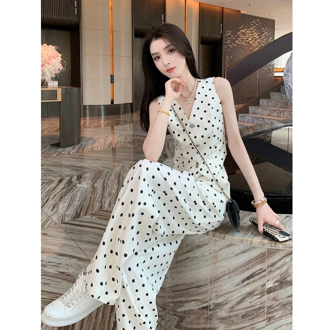 无袖小香风白色波点套装女夏日韩系chic气质休闲马甲阔腿裤两件套