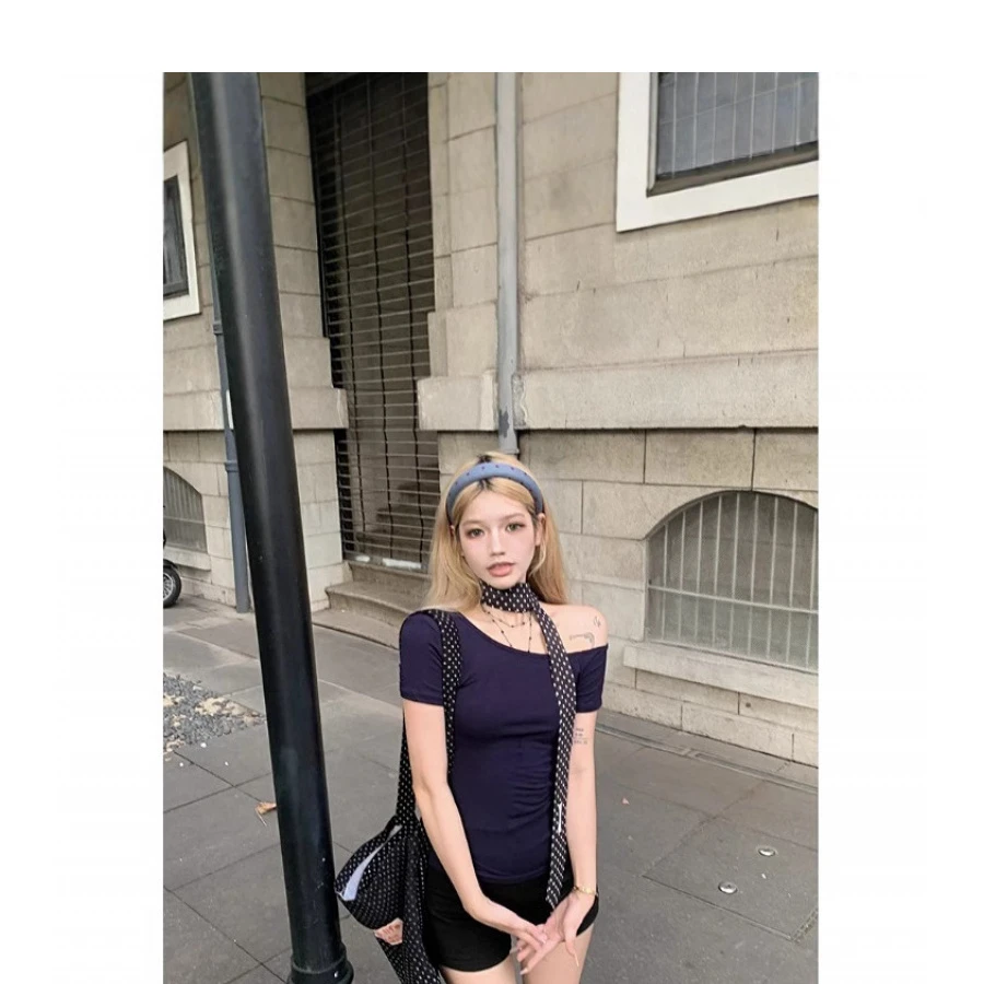 【莫代尔人棉260克】设计感斜肩短袖T恤女夏季别致修身显瘦露肩衣