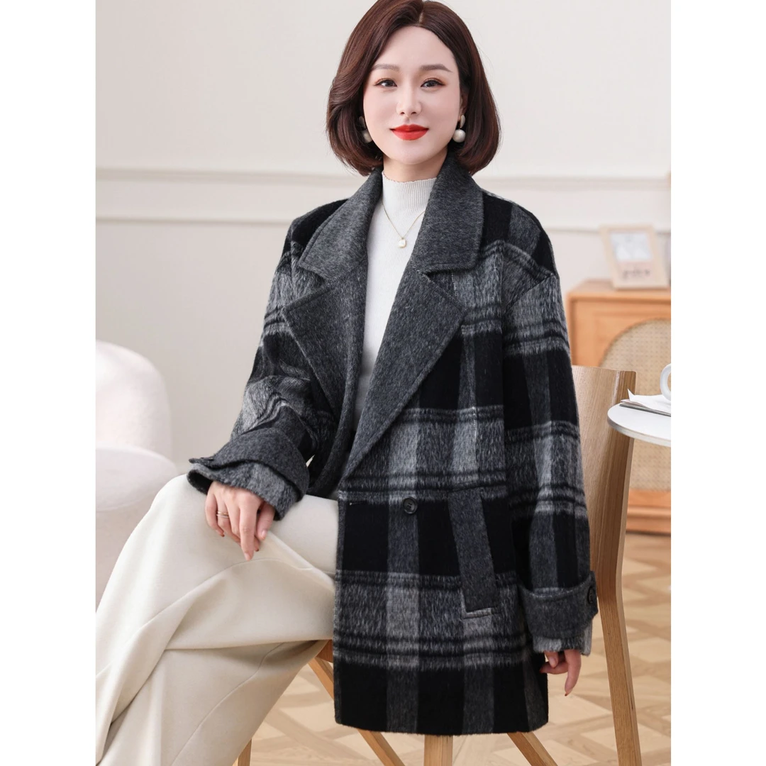 ziyang/孜洋双面羊驼格子大衣女中长款秋冬大气羊毛呢外套5220