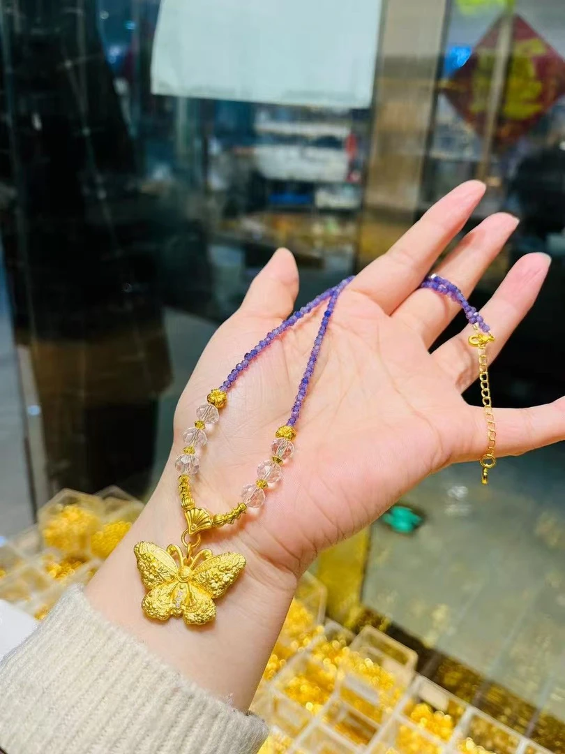 铜合金吊坠 时尚轻奢铜合金吊坠紫色金晶石手工蝴蝶项链饰品繁花