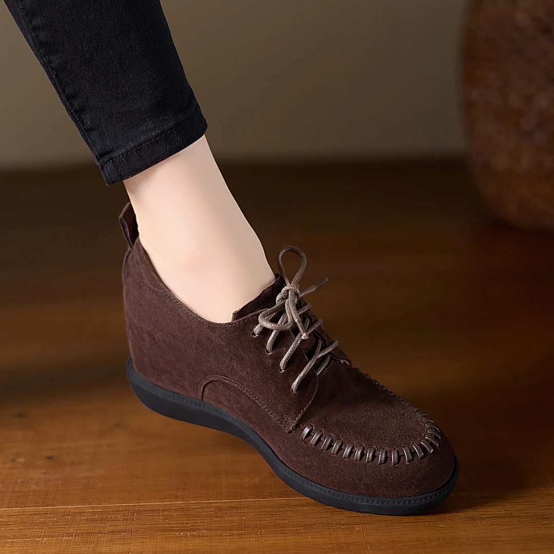 7cm小个子久穿不累脚内增高深口单鞋休闲系带棕色皮鞋圆头高跟鞋