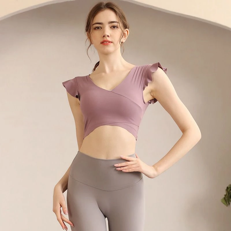 81新款瑜伽上衣女带胸垫荷叶边高级感外穿跑步防震健身运动背心