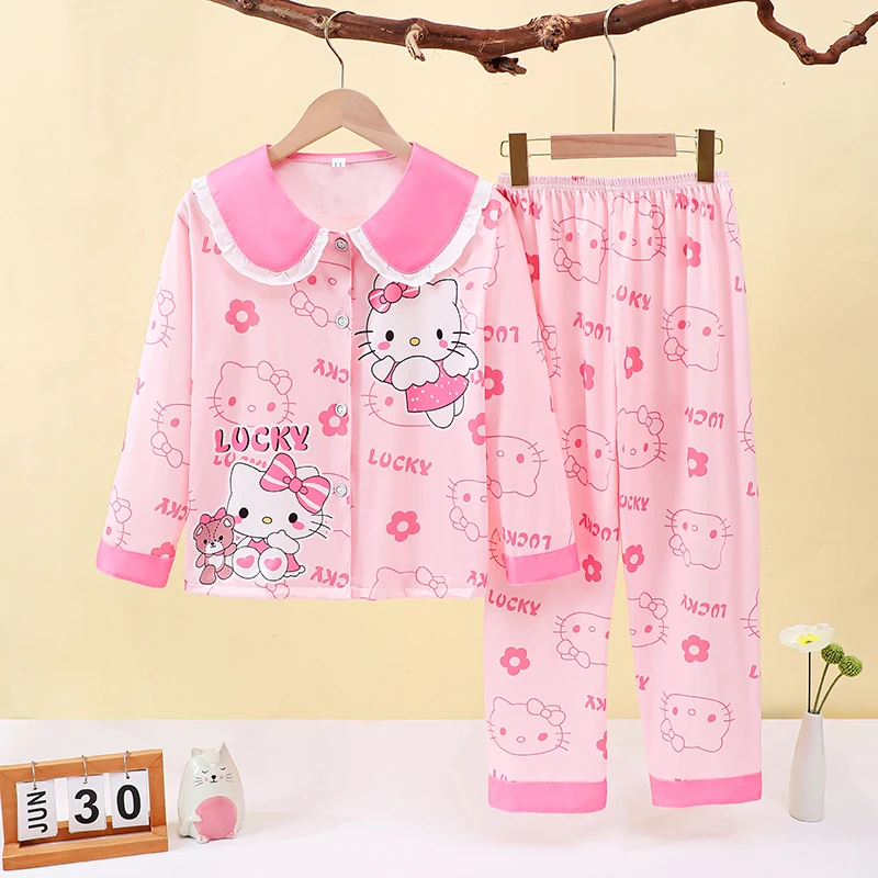 亲子装睡衣春秋季女童卡通KT猫长袖薄款母女公主风女孩儿童家居服