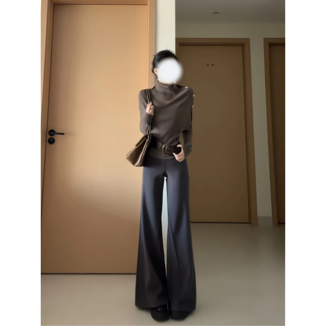 秋冬韩系气质纯色长袖针织衫毛衣穿搭斗篷上衣女运动微喇裤休闲裤