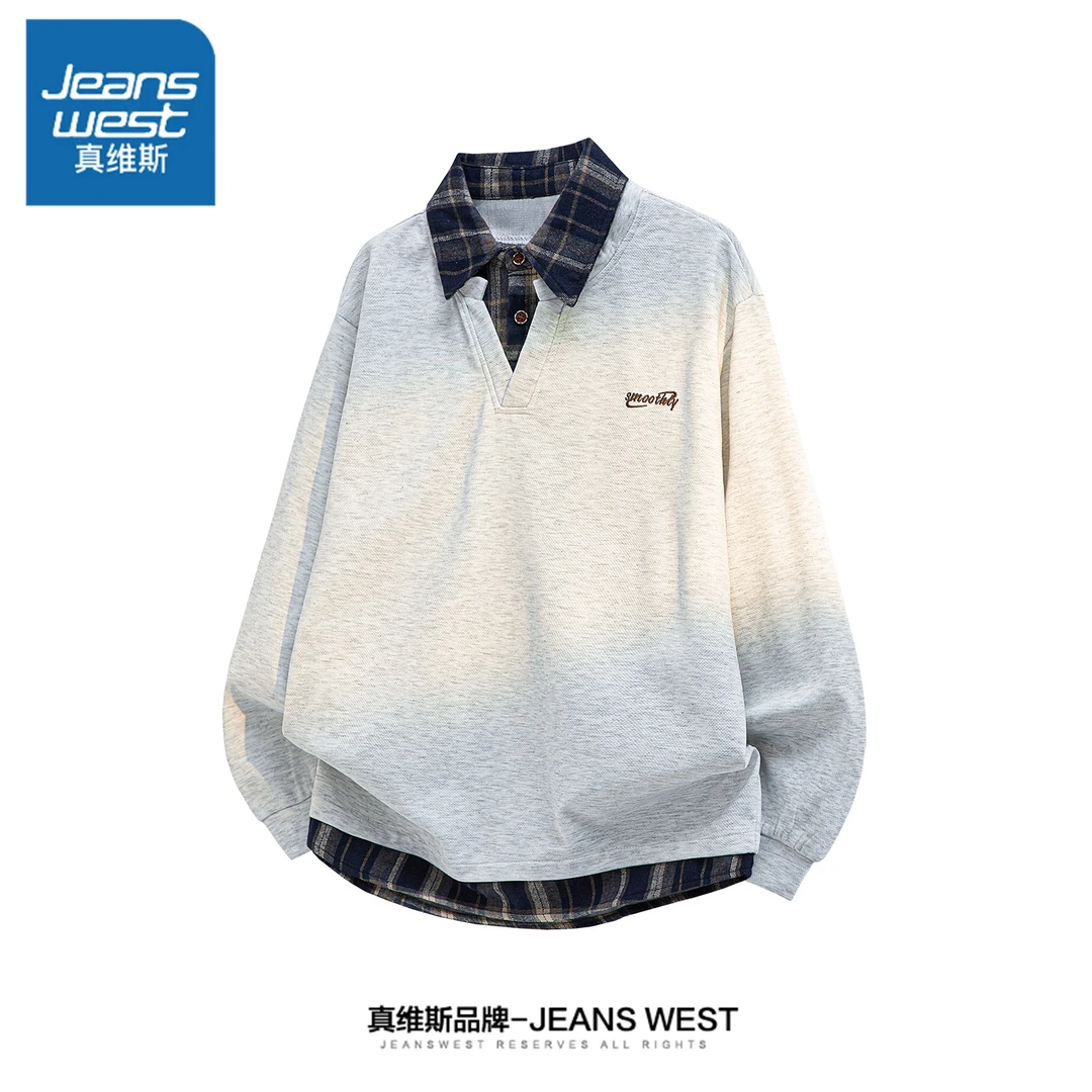 真维斯格子拼接卫衣男士秋冬季美式复古假两件polo衫肌理感上衣服