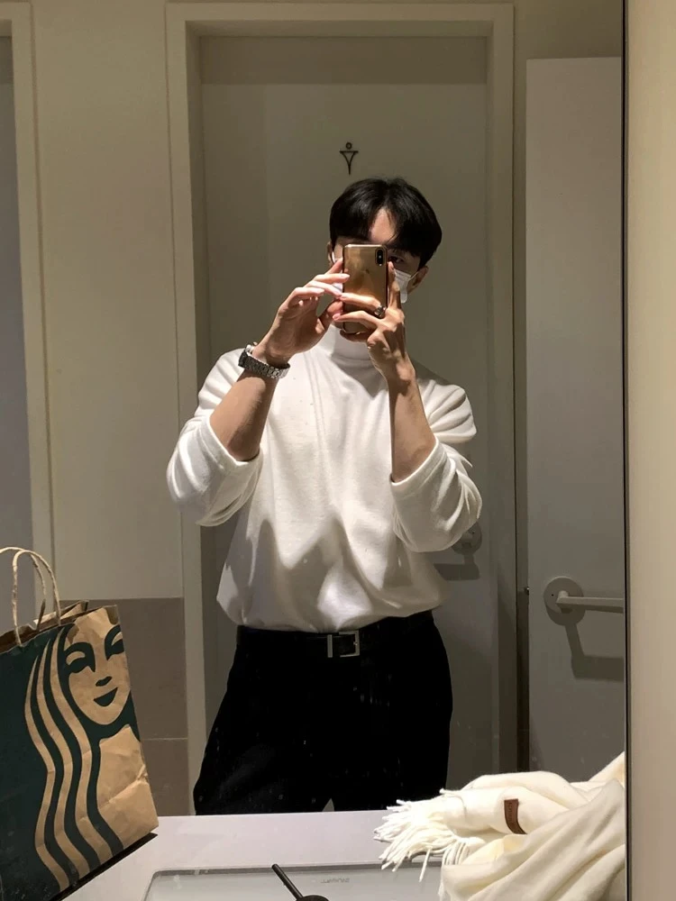 半高领打底衫长袖上衣男士秋冬韩版修身纯色内搭双面德绒T恤衫