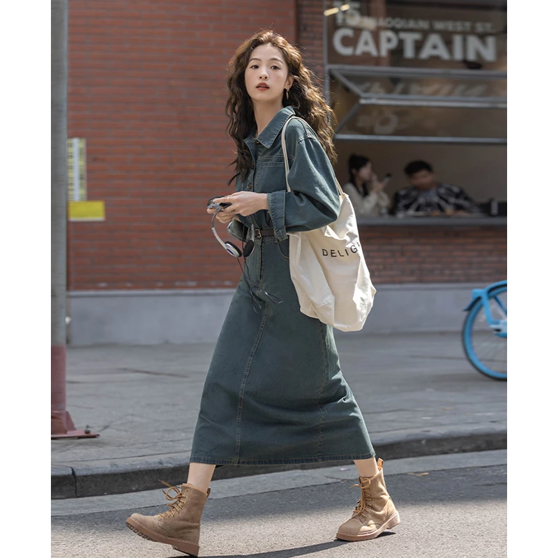 复古牛仔连衣裙女2025春秋季新款港风chic盐系蓝色高街长裙子潮