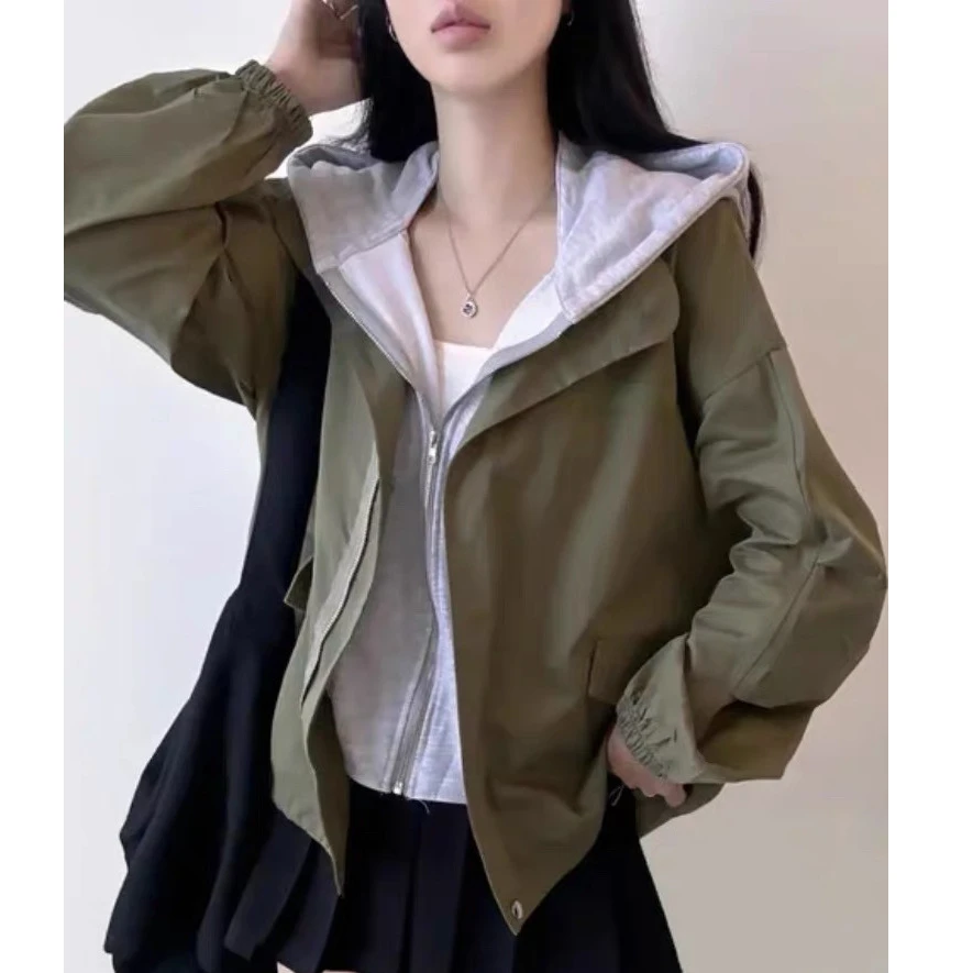 韩版chic秋季设计感休闲假两件连帽拉链灯笼袖宽松风衣春秋外套女