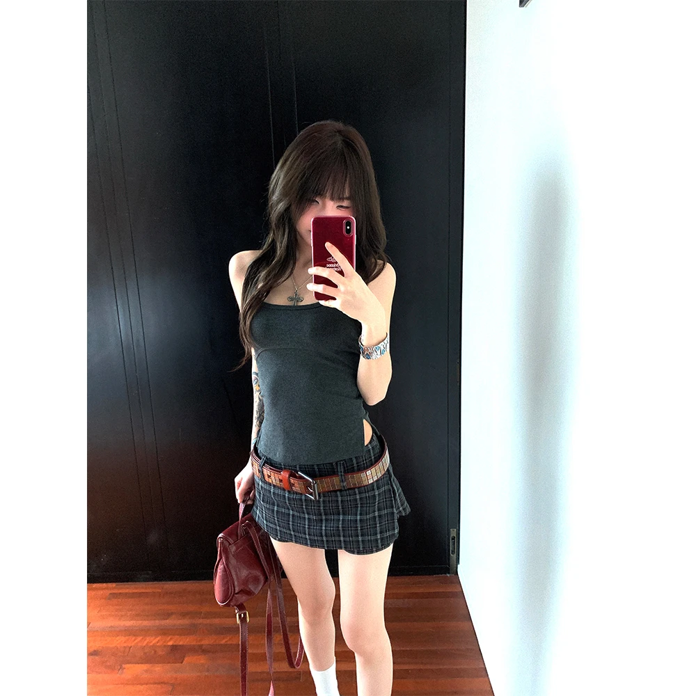 黑色草莓欲风套装女挂脖吊带背心夏季格纹裙裤包臀半身裙两件套