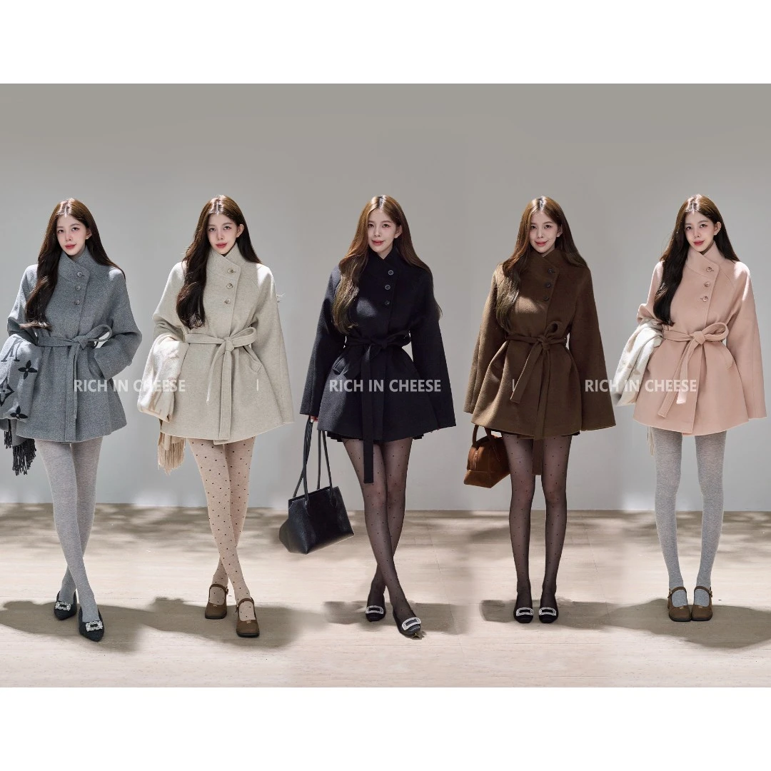 舒胡蕾 冬日旧约【新年限定】秋冬立领系带收腰毛呢短外套（含腰带）