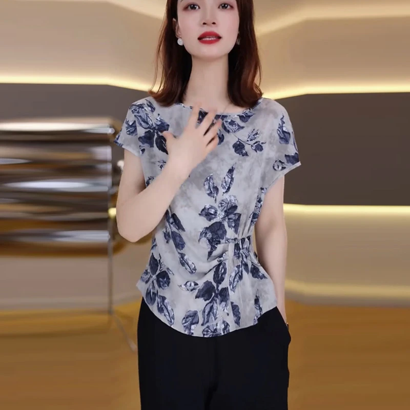 时尚印花短袖T恤女夏季设计感束腰修身显瘦气质百搭休闲短款上衣