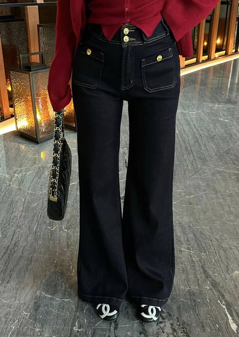 琪琪怪怪大码女装【经典原色】高腰直筒时尚双排扣牛仔裤P27652QTQ