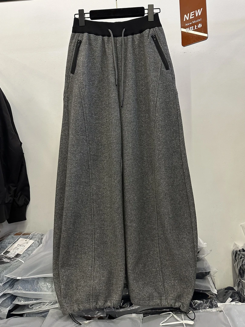 大码冬季时尚新款抽绳松紧高腰显瘦宽松高级感加绒加厚阔腿卫裤女