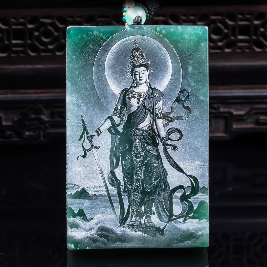 天然A货翡翠文殊菩萨吊坠方牌玉石双面影雕属兔年守护神挂件送礼