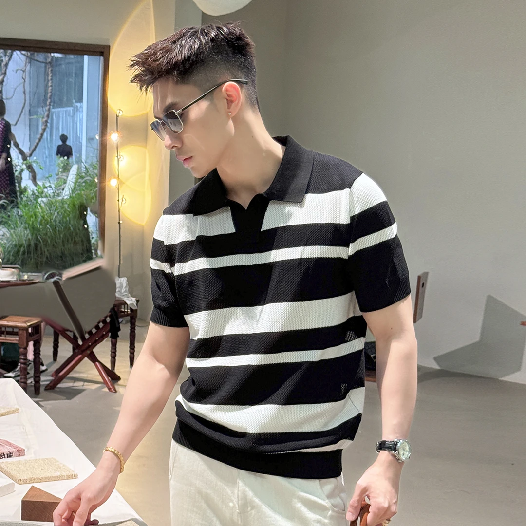 『时夏有风 冰爽镂空』冰爽丝混纺海鸥领经典复古条纹拼色针织衫