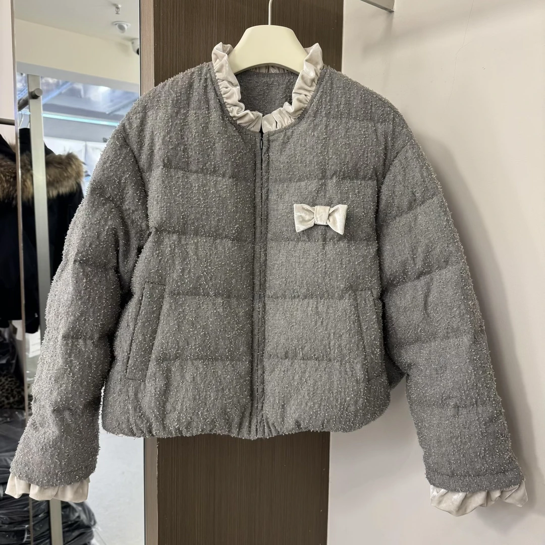 韩版甜美风圆领荷叶边羽绒服女2025冬季新款巨好看小个子保暖外套