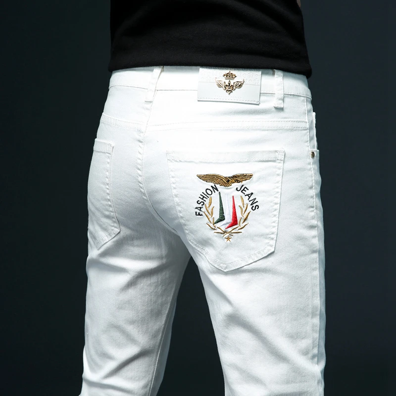 夏季薄款纯棉白色修身小脚弹力牛仔裤男装潮牌百搭休闲简约型长裤