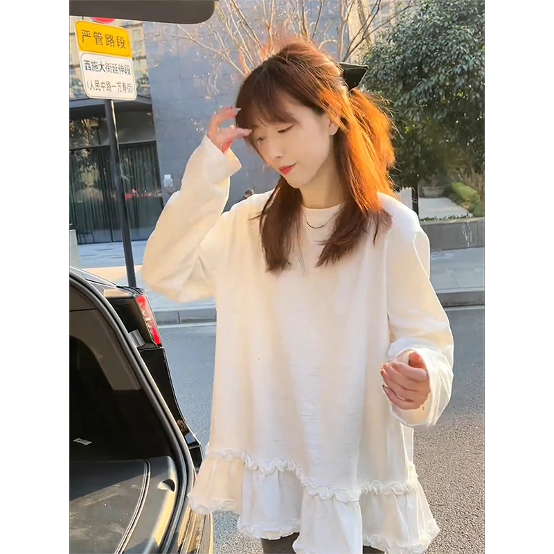 洋气宽松圆领慵懒风花边下摆上衣女早春季百搭甜美高级感长袖t恤
