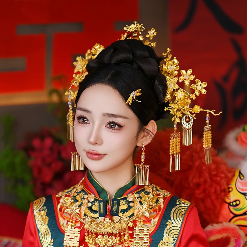 中式新娘结婚头饰金色分体古装龙凤褂红金色秀禾服配饰旗袍马面裙