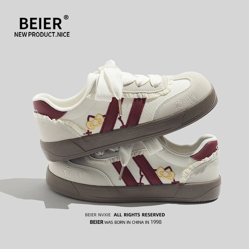 BEIER圆头复古厚底休闲学生板鞋女鞋2025秋季新款百搭德训鞋6903