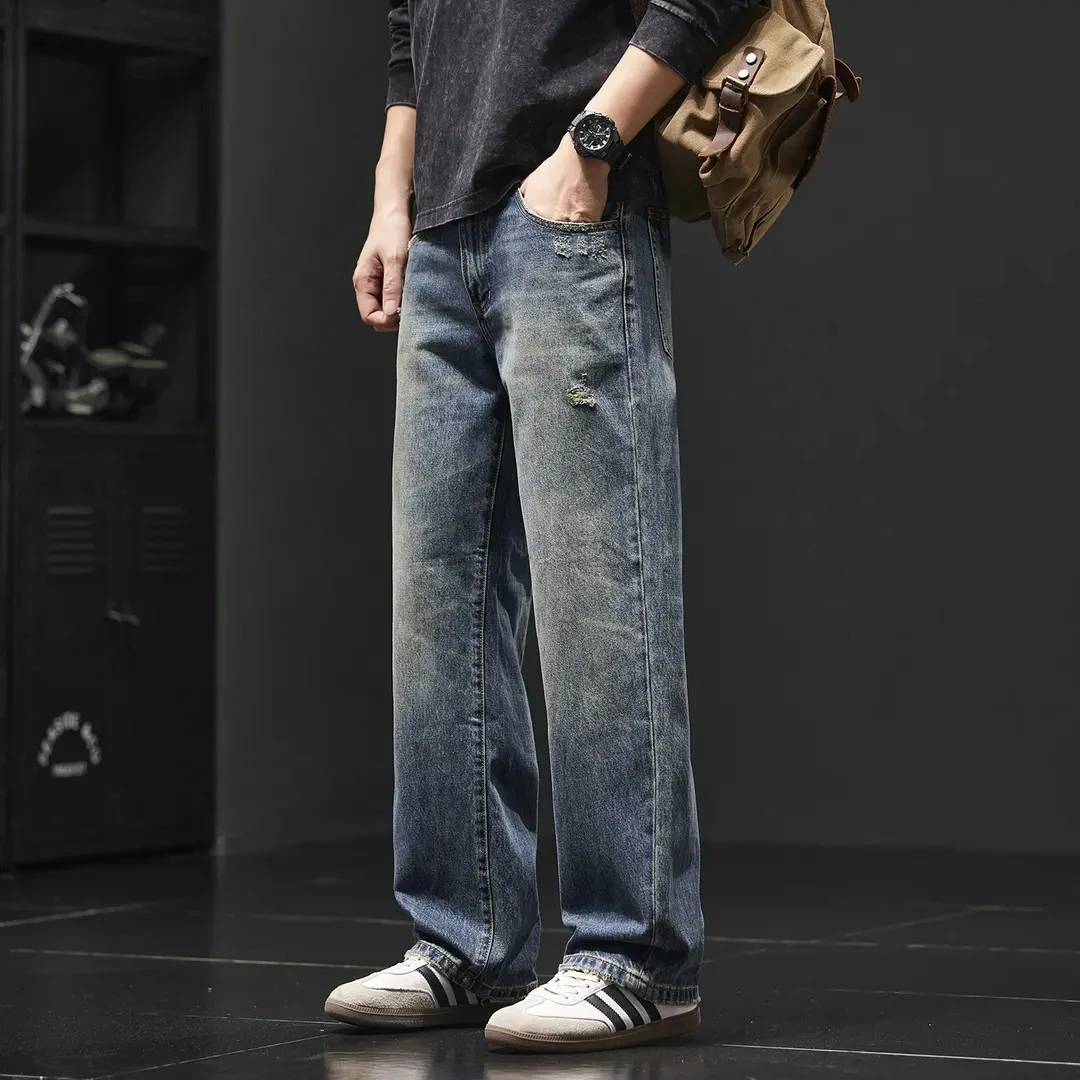 431克重磅美式高街纯棉刮烂牛仔裤男款秋冬休闲宽松直筒阔腿长裤