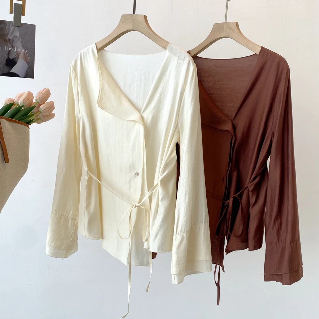 AMAZCOOL春夏莱赛尔文艺风不规则系带长袖开衫5901