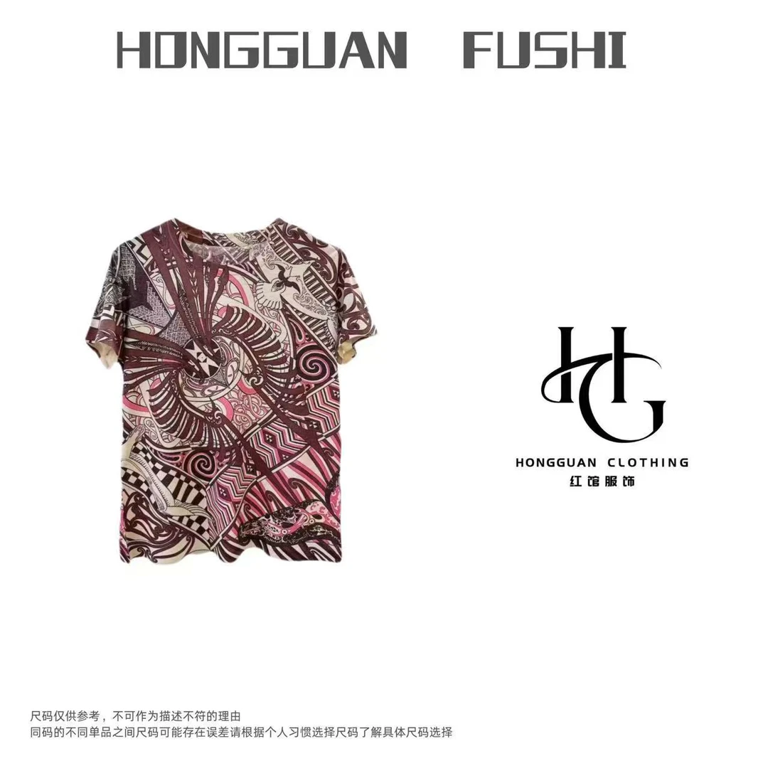 H·G【幸运日】3777  新款时尚复古修身弹力印花款半袖T恤