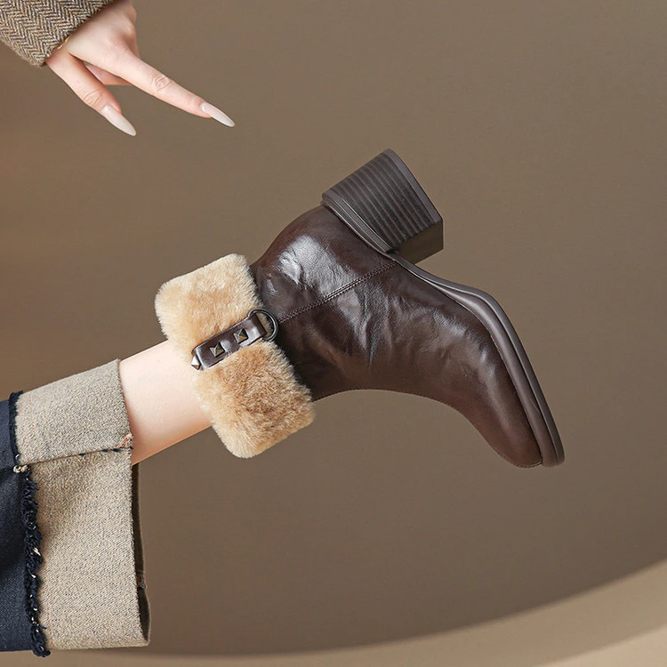 头层羊皮6cm～复古高跟短靴厚毛雪地靴女百搭厚底舒适保暖粗跟短筒