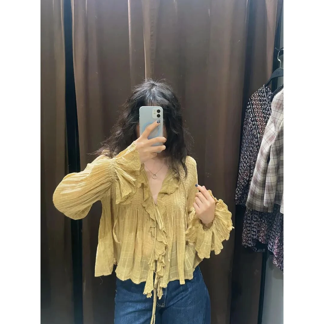 2025春季新款设计感黄色法式荷叶边超好看温柔独特长袖衬衫上衣