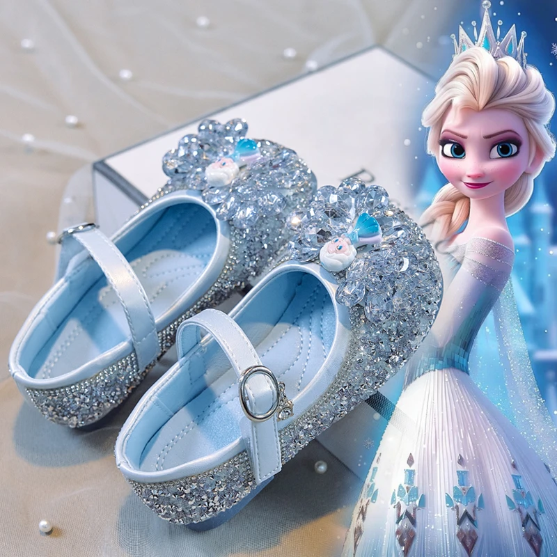 女童爱莎公主鞋小皮鞋2025秋季新款小女孩水晶鞋水钻宝宝演出单鞋