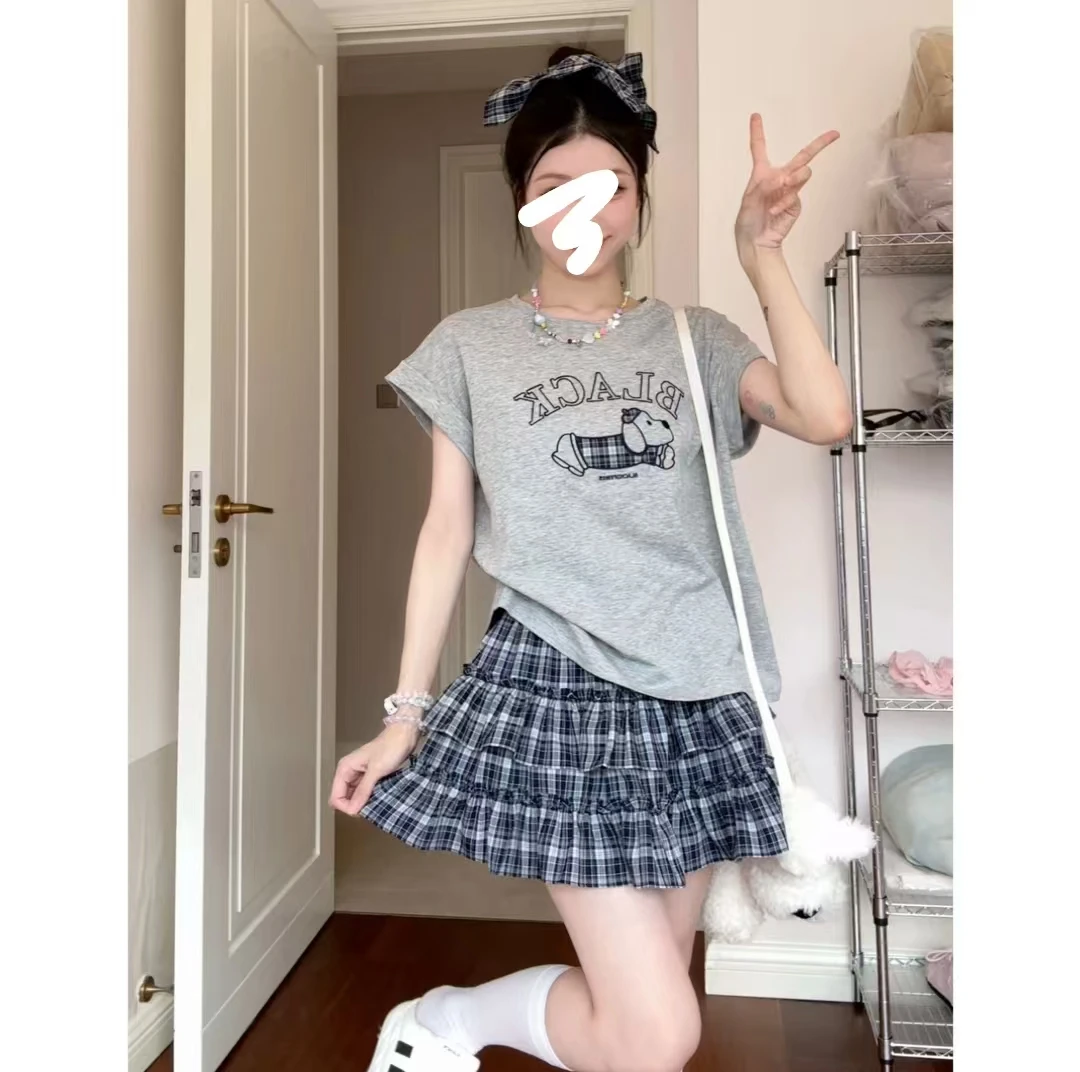 （1727）韩版卡通小狗印花字母T恤短袖圆领格子半身裙短裙两件套
