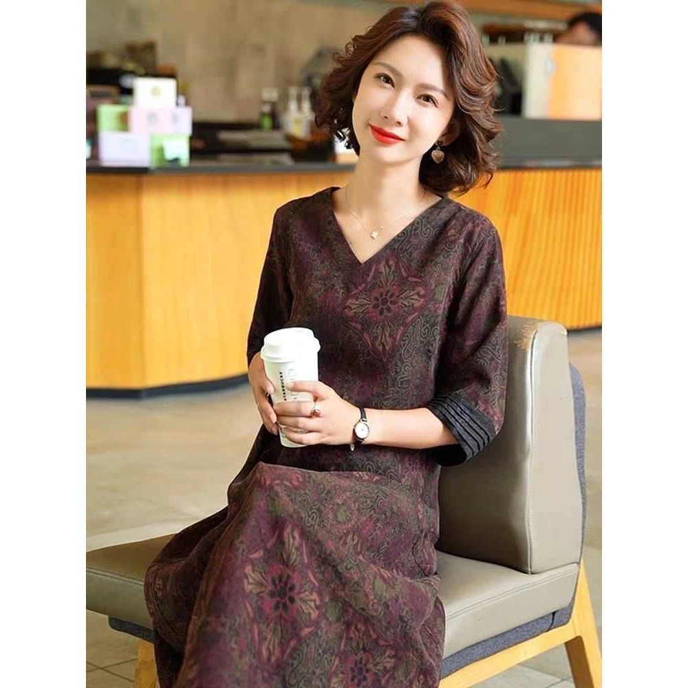 大牌杭州香云纱真丝连衣裙女气质妈妈桑蚕丝裙子2025夏季时尚浪漫