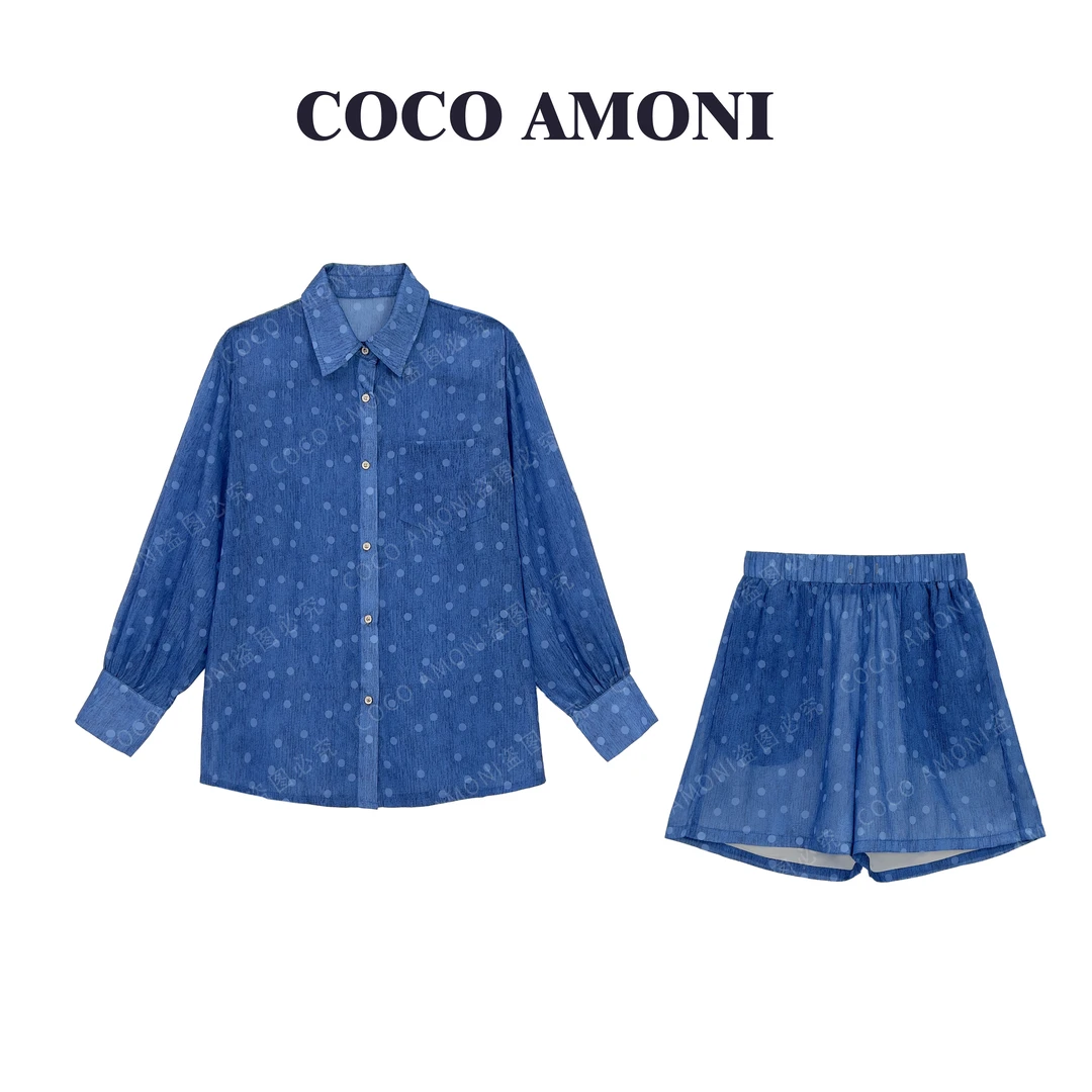 高级设计波点防晒套装长袖宽松显瘦上衣松紧腰短裤FS159